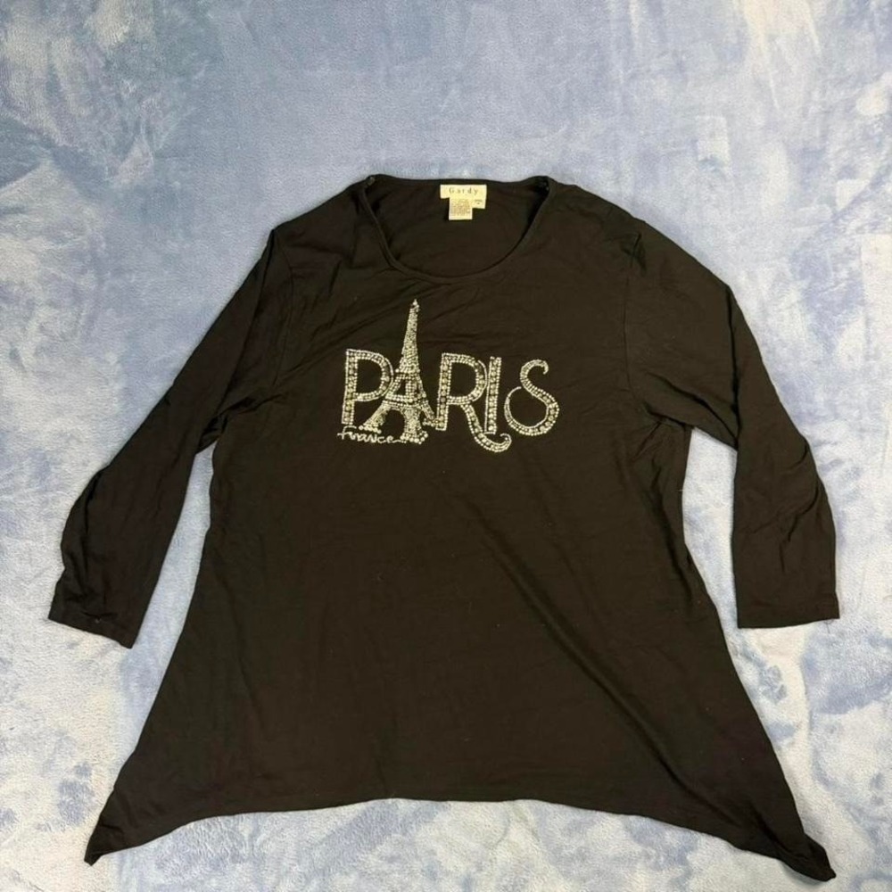 Vintage Gardy black‎ Paris rhinestone long sleeve top women Size L